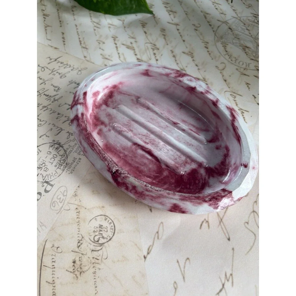 Handmade Soap Dish Cement Soap Holder Oval Bathroom Kitchen Marbled Red